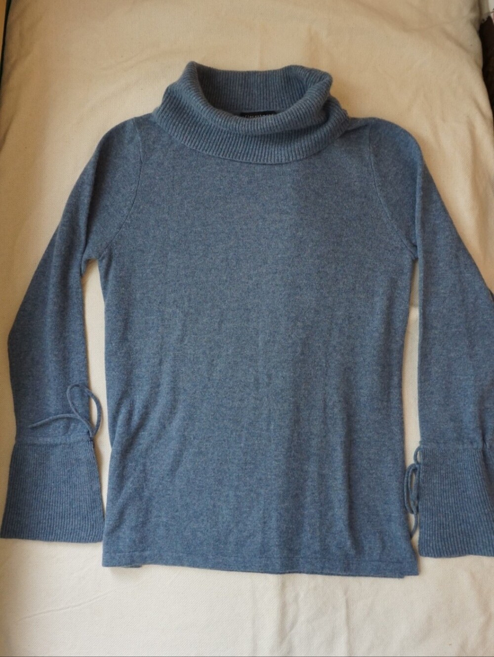 Sofia Cashmere 100% Cashmere Cowl Neck Sweater Blue Tie Cuff Sleeve Sz M